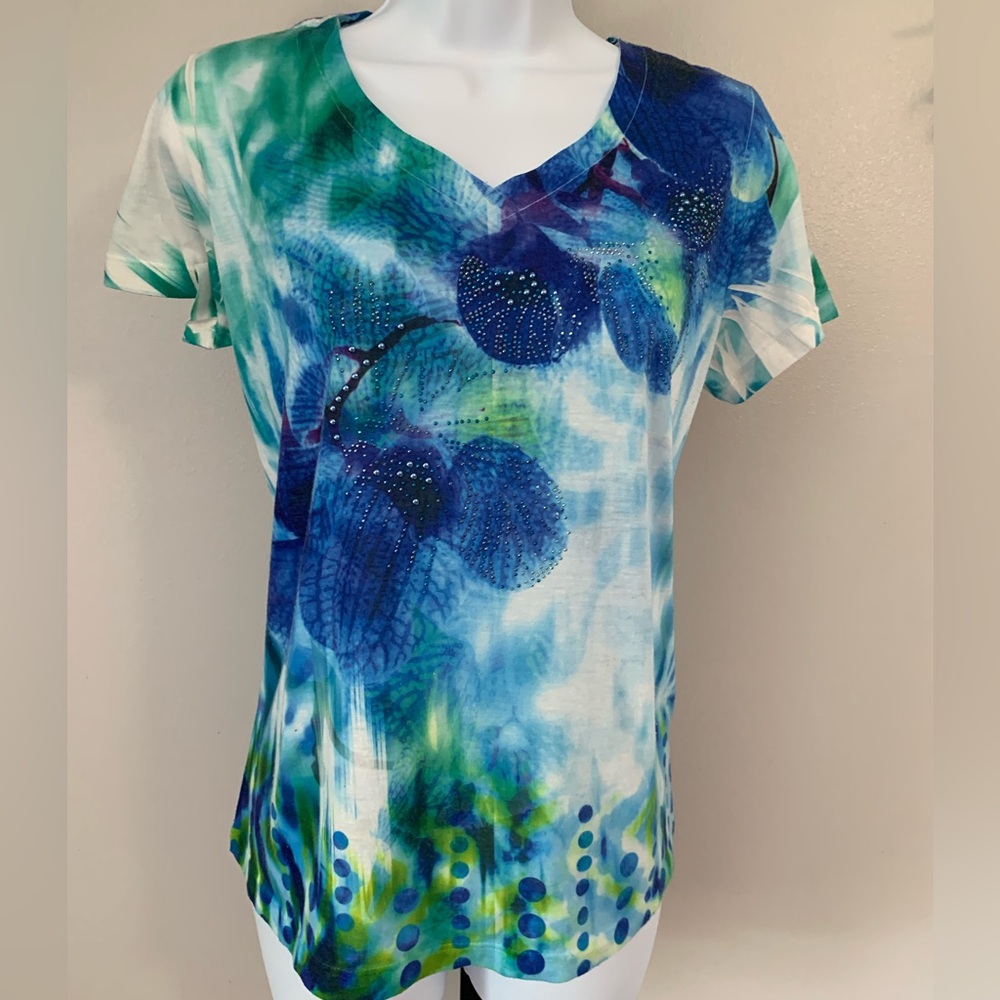 Laura Scott Blue and Green Short Sleeve Top